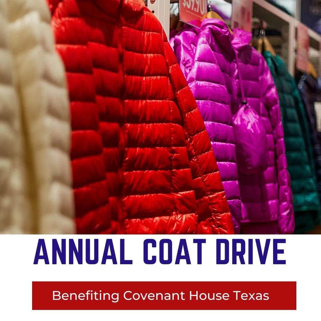 Our coat-drive artwork: a rack of winter coats above the words Annual Coat Drive, Benefiting Covenant House Texas.